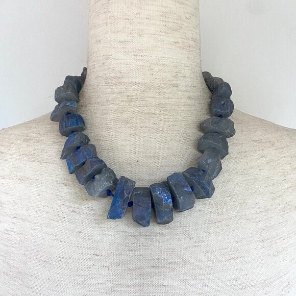 Sterling Silver 925 Chunky Knotted Titanium Coated Blue Quartz Necklace 18"-21" - Picture 1 of 16